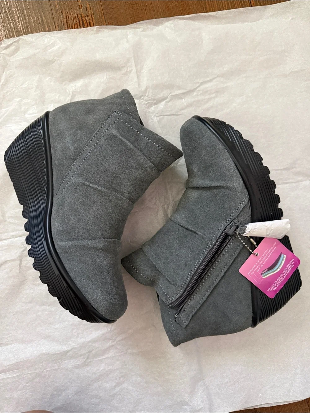 Skechers Gray Suede Wedge Ankle Booties with Side Zip